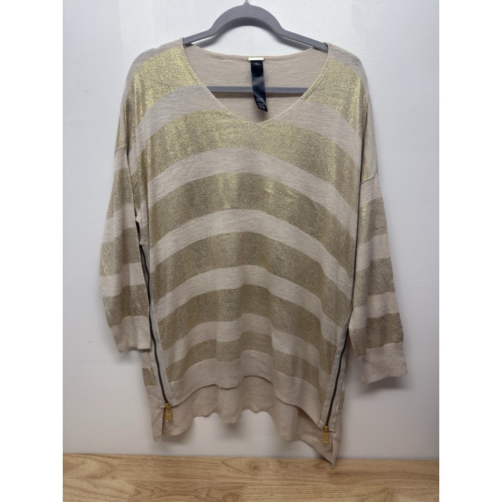 Chicos Black Label Womens V Neck Side Zip‎ Hi Low Sweater Tan Gold Size 0 #35